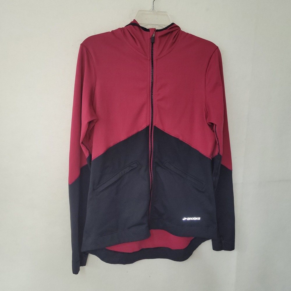 Brooks Women Activewear Full Zip Hooded Jacket Crimson Black M Equilibrium Tech